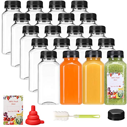 SUPERLELE 12pcs 8oz Plastic Juice Bottles with Black Tamper Evident Caps, Reusable Clear Juice Containers with Labels, Funnel and Brush for Juicing, Smoothie, Milk