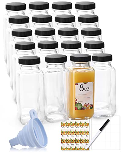 MIUKAA 20-Pack 8 oz Clear Glass Bottles with Airtight Caps, Reusable 8 ounce Juicing Bottles with Black Lids, Drink Water Container Jars, Dishwash Safe