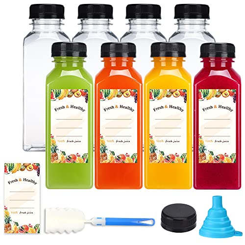 SUPERLELE 8pcs 12oz Plastic Juice Bottles with Black Tamper Evident Caps, Reusable Clear Juice Containers with Labels, Funnel and Brush for Juicing, Smoothie, Milk and Homemade Beverages