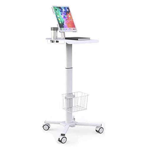 Mount Plus MB-C01 Height Adjustable Mobile Medical Tablet, Laptop Cart with Tablet Enclosure | Hospital Trolley for Clinic | Mobile iPad Workstation | Rolling Medical Workstation with Basket Storage