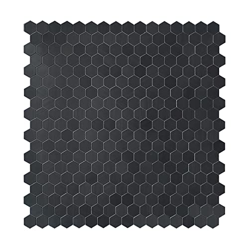 Black Peel and Stick Backsplash Mini Hexagon Tile, Self Adhesive Brushed Metal Surface Honeycomb Stick on Wall Tiles for Kitchen Bathroom(12 Sheets)