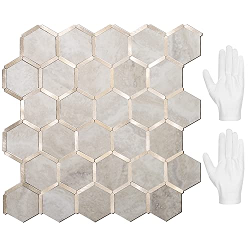 STICKGOO Hexagon Peel and Stick Backsplash Tile, Stick on Backsplash for Kitchen and Bathroom, Beige Marble Look PVC Mixed Metal Gold Self Adhesive Wall Tiles(10 Sheets, Seamless)