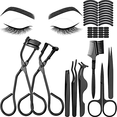 48 Pieces Eyelash Curler Makeup Tools Set, Include Mini Eyelash Curler Kit, Eyebrow and Eyelash Extension Tweezers, Eyelash Eyebrow Brush Comb and Eyelashes Scissors, Silicone Refill Pads (Black)