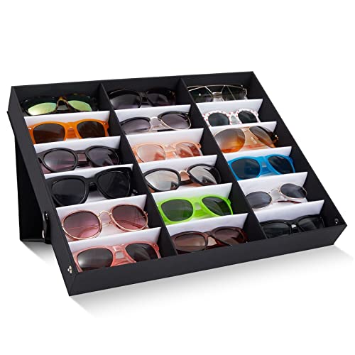 Juvale 18 Slot Sunglasses Display Case for Women and Men, Eyeglass Storage Case for Multiple Glasses, Eyewear Holder for Dresser, Closet, Travel (18.5 x 15.0 x 2.4 in) Black