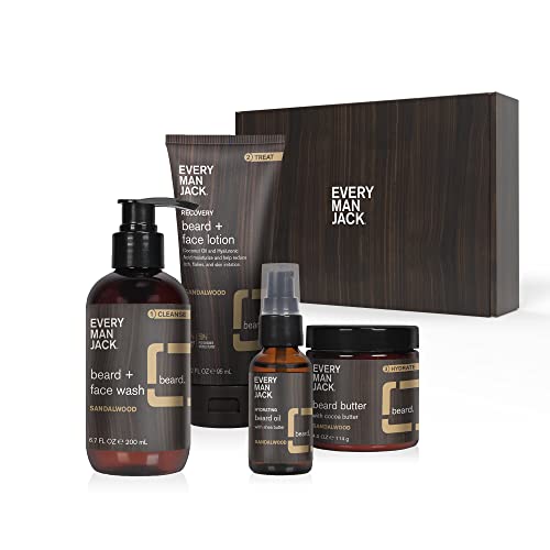 Every Man Jack Mens Sandalwood Beard Set- Perfect for Every Guy - Full-Sized Grooming Essentials - Beard + Face Wash, Recovery Beard + Face Lotion, Hydrating Beard Oil, Beard Butter, and Beard Comb