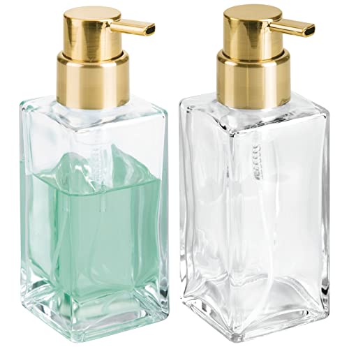 mDesign Glass Refillable Foaming Hand Soap Dispenser Modern Square Pump Bottle for Bathroom Vanities or Kitchen Sink, Countertops - 2 Pack - Clear/Soft Brass
