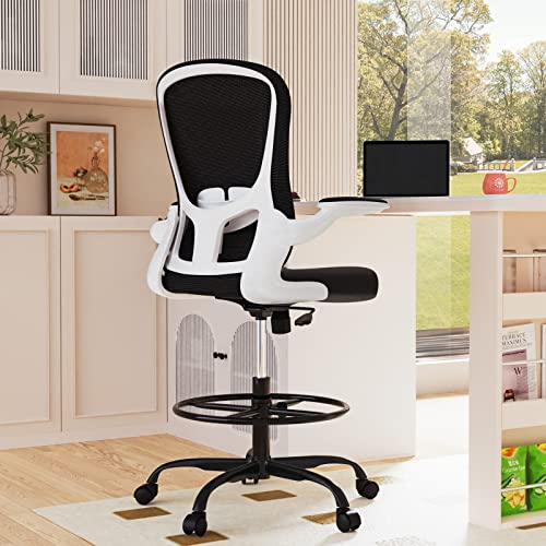 Drafting Chair, Tall Office Chair with Flip-up Armrests Executive Ergonomic Computer Standing Desk Chair, Office Drafting Chair with Lumbar Support and Adjustable Footrest Ring