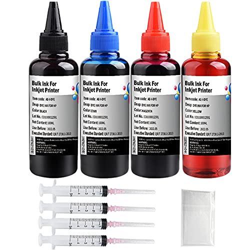 KSUMEI Ink Refill Kit for HP Printer Cartridges HP Ink 952 902 951 950 933 63 62 61 60 901 932 21 22 920 940 934 564 711 970 971 94 95 96,HP Ink Refill Kit (100ml x 4 Bottle) with 4 Syringes
