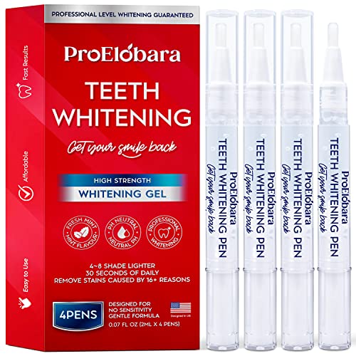 ProElobara Teeth Whitening Pen, Teeth Stain Remover Treatment to Whiten and Brighten Teeth with Power Tooth Whitening Gel - No Sensitivity, Brighter Smile, Painless, Effective, Mint Flavor - 4 Pens