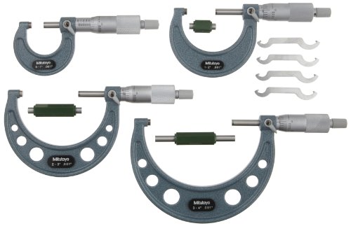 Mitutoyo 103-930 Outside Micrometer Set with Standards, Ratchet Stop, 0-4" Range, 0.001" Graduation (4 Piece Set)