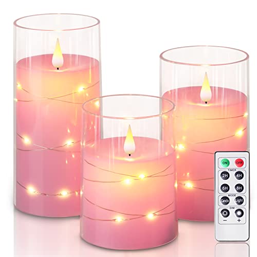 Homemory Flickering Flameless Candles with String Lights, Battery Operated Candles, Embedded String Lights LED Candles, Unbreakable Plexiglass Candles with Remote, Set of 3, Pink