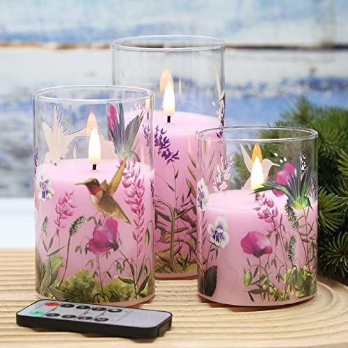 Girimax Pink Hummingbird Glass LED Candles with Remote, Flickering Flameless Candles Battery Operated  3" H 4" 5" 6"