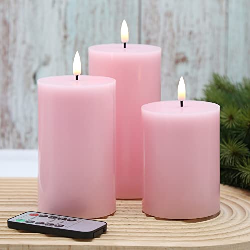 Girimax Pink Flameless Pillar Candles with Remote, Real Wax Flickering Battery Operated LED Candles  3" H 4" 5" 6"
