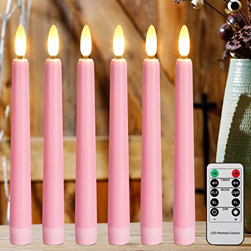 FREEPOWER Pink LED Taper Candles with Remote Dripless Battery Operated Window Candles with 3D Flickering Wick & Cycle Timer for Centerpieces for Dining,Table,Christmas,Wedding Decor (Pack of 6)