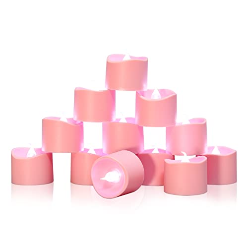 JOSU Flameless Tea Lights Candles, 24pcs Battery Operated Flameless Votive Candles, Flickering Tealights with Warm White Light for Wedding, Valentine's Day, Halloween, Festival Celebration(Pink)
