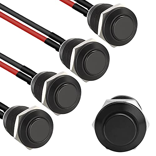 Starelo 5pcs 12mm Momentary Push Button Switch Black Shell with pre-Wiring, IP65 Waterproof Push Button Switch,Stainless Steel 1 Normally Open Without LED.