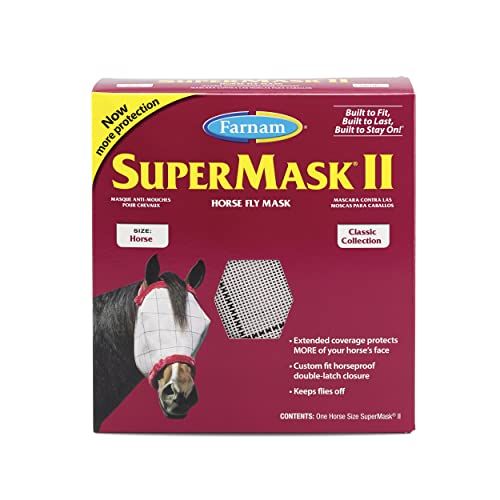 SuperMask II Fly Mask Without Ears for Average Size Horses, Full Face Coverage and Eye Protection from Insect Pests, Structured Classic Styling Mesh with Plush Trim, Horse Size