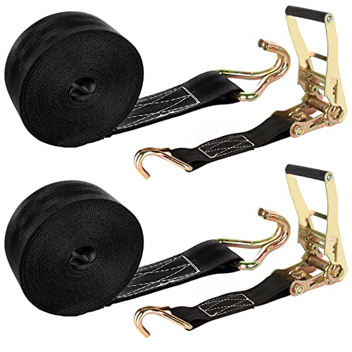 2Pcs 2 Inch Ratchet Straps Heavy Duty 20ft Tie Down Straps Ratchet with Double J Hook, 11000 LBS Break Strength, Cargo Ratchet Straps for Moving, Truck, Trailers, Motorcycles, Kayaks, Car Roof