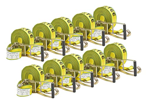 Mytee Products (10 Pack 2 Inch x 27 FT Yellow Ratchet Strap with J Hooks - 10,000 Lbs Breaking Strength - Heavy Duty Tie Down Cargo Truck Straps with Wire Hooks for Flatbed, Truck, Trailers Pickup