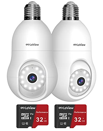 LaView 4MP Bulb Security Camera 2.4GHz with 32G SD Card(2-Pack),360 Security Cameras Wireless Outdoor Indoor Full Color Day and Night, Motion Detection, Alarm Siren, Easy Installatio