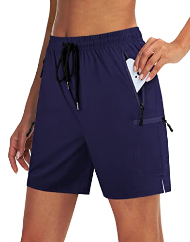 Yeahill Women's Hiking Shorts Quick-Dry Athletic Workout Shorts with Zip Pockets(Solid Navy,L)