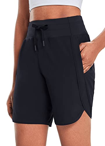 BALEAF Women's 7" Athletic Long Running Shorts Quick Dry Workout Hiking Shorts High Waisted Zipper Pockets Black L