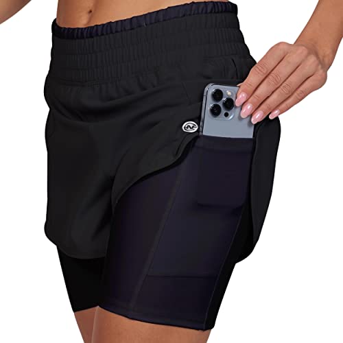 Women's Running Shorts Elastic High Waisted Dry-Fit Moisture Wicking Performance Workout Athletic Biker Compression Pocket (as1, Alpha, s, Regular, Regular, Black - Black)