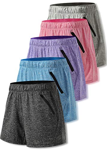 5 Pack: Womens Workout Gym Shorts Casual Lounge Set, Ladies Active Athletic Apparel with Zipper Pockets (Set 1, X-Small)