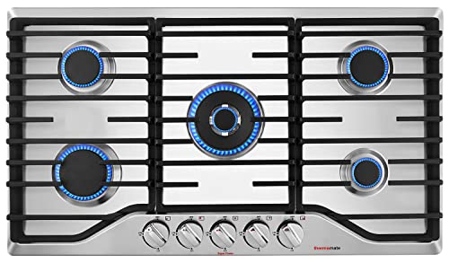 36 Inch Built In Gas Cooktop, thermomate Gas Range top with 5 High Efficiency SABAF Burners, 304 Stainless Steel Gas Hob with Flame Out Protection, NG/LPG Convertible, CSA Certified