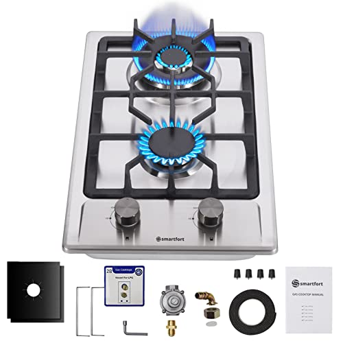 Smartfort 12" Built-in Gas Cooktop,2 Italy SABAF Sealed Burners Gas Stove 17100BTU, Propane/Natural Gas Convertible, Dual Burner Gas Stove Top with Thermocouple Protection,Stainless Steel