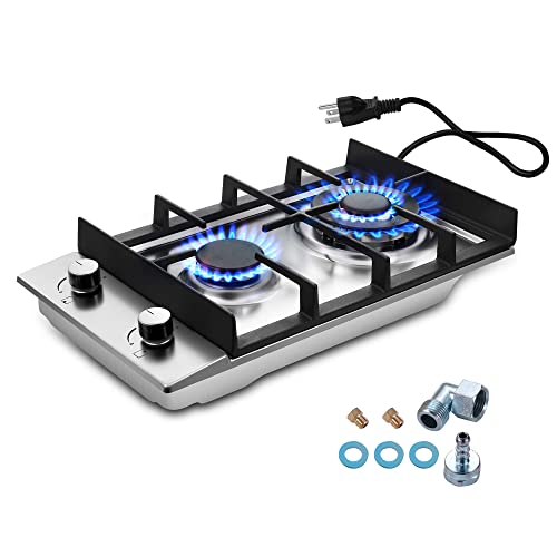 Eascookchef Gas Stove Top 2 Burner,Bulit-in Gas Cooktop 12 inch,Stainless Steel Gas Cooktop,NG/LPG Convertible,Drop-in Gas Hob,Dual Burners Gas Countertop with Thermocouple Protection