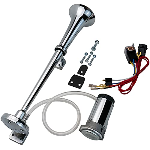 AOLIHAN Loud Train Horn Kit for Truck,Super Loud 150DB 12V Car Horn,18 Inches Chrome Zinc Single Trumpet Air Horn with Compressor for Car Truck Train Boat (silver single tube horn with wire, 12v)