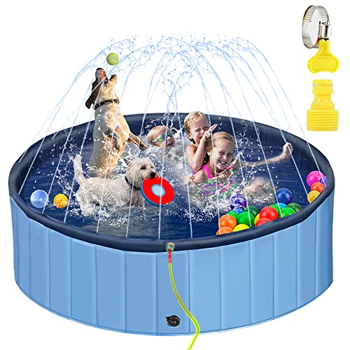 TreeGun Foldable Dog Pools, Sprayable Dog Pool for Large Dog, Hard Plastic Dog Swimming Pool, Anti-Slip Dog Pool/Pet Pool/Kiddie Pool/Bath Pool for Backyard and Outdoor(63 x 12 Inches, Blue)