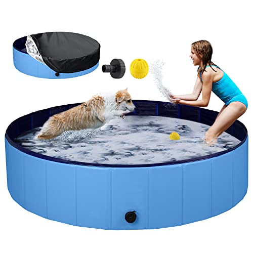 Dog Pool, ZEALINNO Foldable Pet Bath with Cover and Hose Adapter, Collapsible Bathing Tub for Large Dogs, Hard Plastic Kiddie Pool for Dogs Cats and Kids