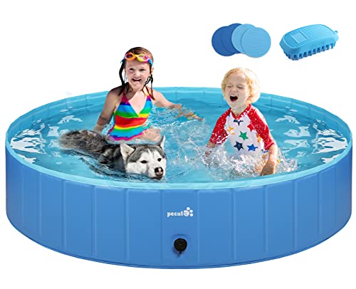 Pecute Dog Pool Foldable 63" x 12", Portable Kiddie Pool Hard PVC, Multifunctional Wading Pool for Dog Swimming Pool, Non-Slip Pet Bathing Tub with Extra Bath Brush, Great for Backyard Outdoor Travel