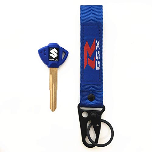 Motorcycle Key Blank Uncut Blade For Suzuki GSXR 600 750 1000 GSX1300R GSF 650 with Key Chain Embroidered Tag Key Ring (Blue)