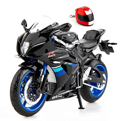 MSZ 1/12 Compatible for Suzuki GSX-R1000 Motorcycle Toy,Collector Motorcycle Modle with Display Stand and Helmet Keychain,Toy Motorcycles for 3-9 Year Old Boys Black