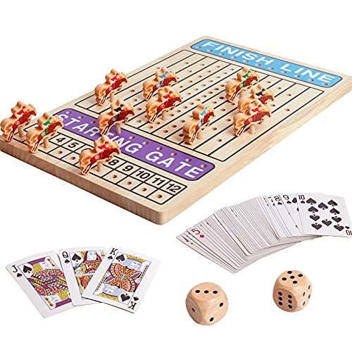 BEAUAM Horse Racing Board Game Wooden Challenge Toy Poker with 11 Durable Horses Dice & Cards for Kids Family Game Brain Teaser Gamble Game Chess