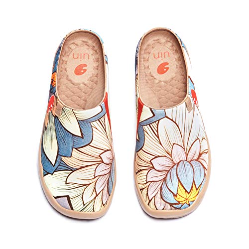 UIN Women's Slipper Fashion Canvas Comfort Travel Art Painted Shoes Wide Toe Casual Household Slip On Mules Nelumbo (9)