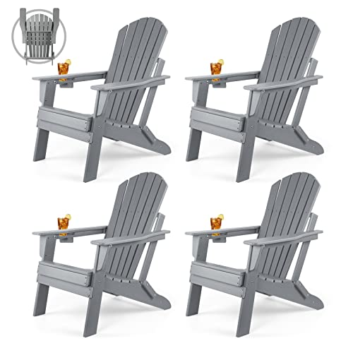 FUNBERRY Folding Adirondack Chair Set of 4, Fire Pit Chairs, Plastic Adirondack Chairs Weather Resistant with Cup Holder, Composite Adirondack Chairs, Grey