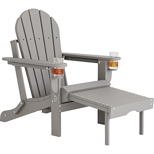 Sundale Outdoor Folding All Weather Heavy Duty Adirondack Chair with Footrest 2 Cup Holder on Armrest, Fade & Rust Resistant HDPE Plastic, Perfect for Outside Porch Patio Garden Pool Yard Smoky Grey