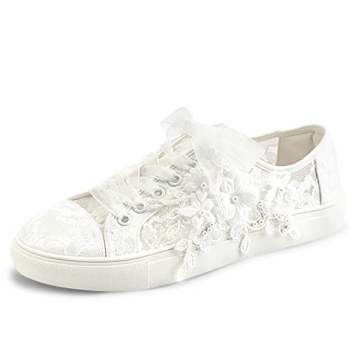 JIAJIA 8836 Wedding Shoes Bridal Sneakers Flats Bride Tennis Shoes Flowers Lace Sneakers Colour Ivory,Size 8 B(M) US/39 EU