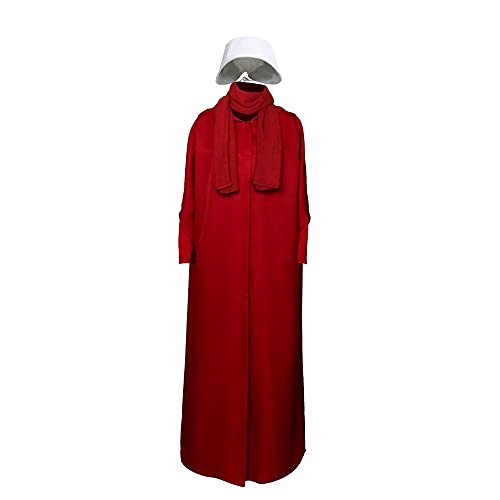 Handmaid Costume June/Offred Cosplay Costume Red Hooded Cloak with Wide Brimmed White Bonnet Halloween Fancy Costume