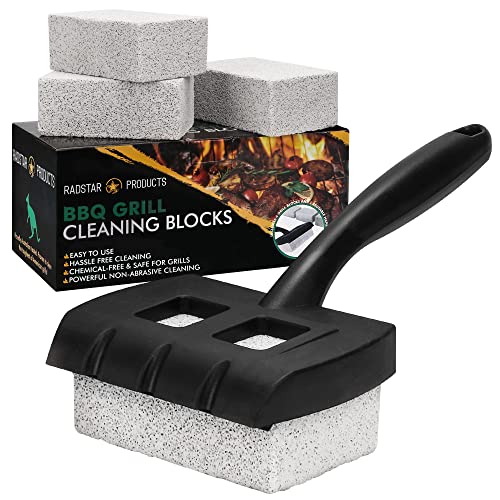 RadStar BBQ Grill Cleaning Blocks - 4 pcs with Handle. Great Grill Brush and Scraper for Grill Cleaning Made from Pumice Stone and is Bristle Free. Clean Grill Griddle and cast Iron