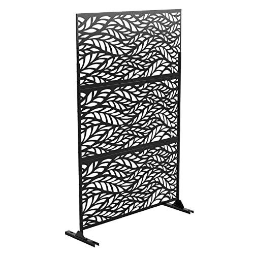 Patio Privacy Screen, Outdoor Privacy Screen with Stand Decorative Metal Privacy Screen Free Standing for Garden Backyard Balcony 75''Lx48''H,Black(Leaf)