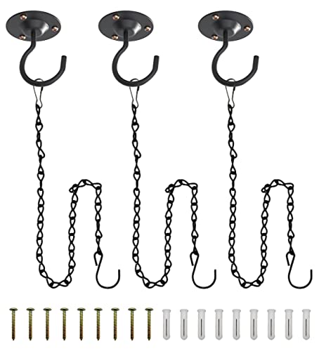 NACETURE Ceiling Hooks for Hanging Plants with Hanging Chain 3 Pack - Wall Hook Metal Plant Bracket Iron Lanterns Hangers for Wind Chimes, Planters (Black)