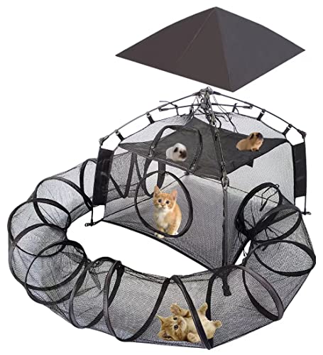 PAIBOO Cat Tent 2 Tier Cat Enclosures Indoor Outdoor Pop up Pet Playpen with Fun Surround Tunnel Portable Sunshade and Anti-UV Cat Playhouse (Play Tents for Cats and Small Animals) - (Patent Pending)