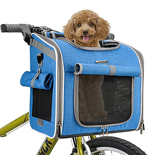 BABEYER Dog Bike Basket, Expandable Soft-Sided Pet Carrier Backpack with 4 Open Doors, 4 Mesh Windows for Small Dog Cat Puppies - Blue