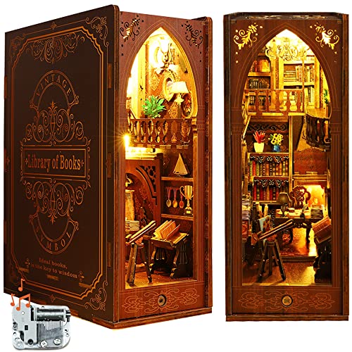 DIY Book Nook Kit, DIY Dollhouse Booknook, Library Booknook Shelf Insert Decor Alley, 3D Wooden Puzzle Bookends, Book Nook Miniature Kits with LED Light for Adults(SL6-A)