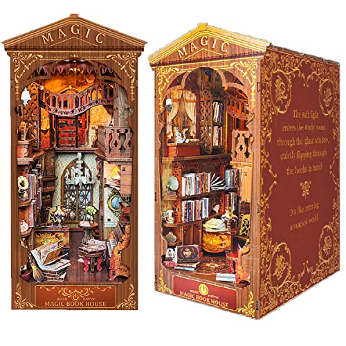 Roroom DIY Book Nook Kit, DIY Dollhouse Booknook Bookshelf Insert Decor Alley,3D Wooden Puzzle with LED Lighting Book Nook Bookshelf Insert Wood Bookend Model Building (Magic Book House)
